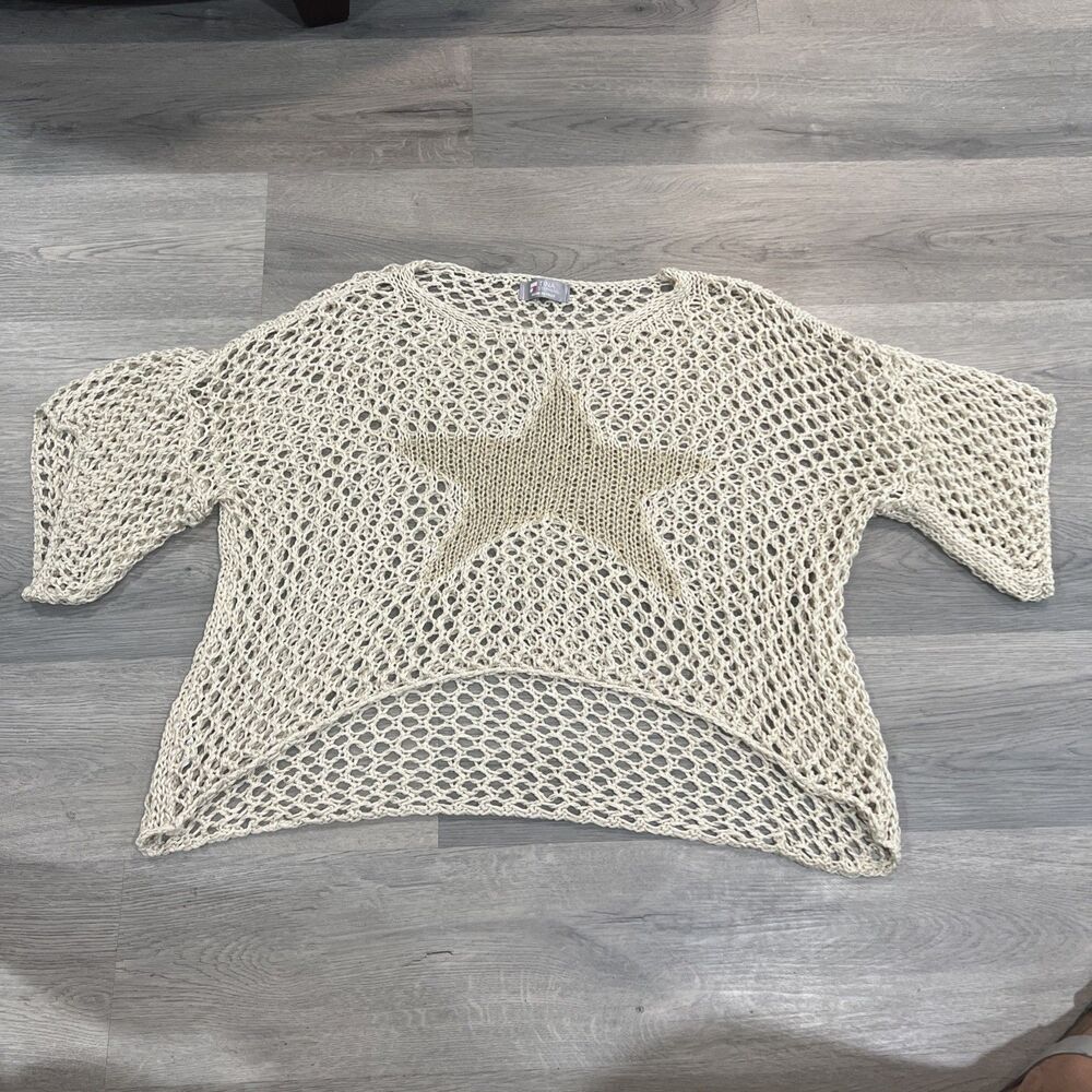 Tina Stephens Italy Open Knit Mesh Oversized Sweater With Star Beige Boho OS